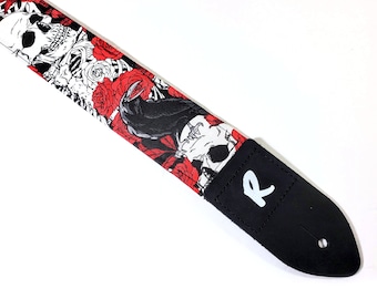 Raven, Skulls and Roses Guitar Strap - Black Red and Grey Guitar Strap- Double Padded Guitar Strap