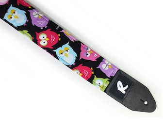 Sleepy Owl Guitar Strap - Padded Comfort, Genuine Leather Ends