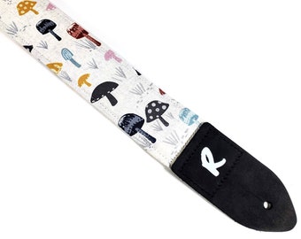 Mushrooms Guitar Strap - Mushroom Collage Guitar Strap-Double Padded Comfortable Handmade Guitar Strap