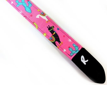 Llama Cactus Guitar Strap - Black Llamas on Pink - Llamas with Cacti - Handmade-Padded Guitar Strap