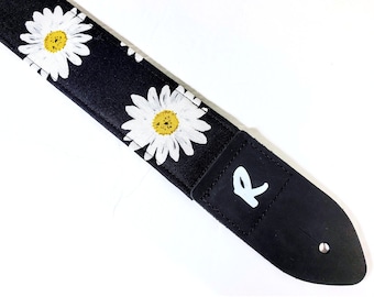 Daisy Guitar Strap - Yellow and White Flower Guitar Strap - Daisies on Black Guitar Strap - Double Padded- Comfortable-