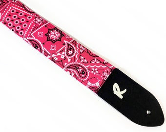 Pink Paisley Guitar Strap -Pink Bandanna Paisley- Pink Rockabilly Guitar Strap-Comfortable Padded - Double Padded-