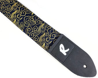 Gold Japanese Clouds Guitar Strap - Navy Blue Cloud Guitar Strap - Cloud Guitar Strap - Acoustic, Electric, or Bass