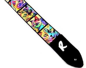 Psychedelic Cats Guitar Strap - Groovy Colorful Cat Guitar Strap- Kitty Guitar Strap - Universal Guitar Strap- Double Padded- Comfortable