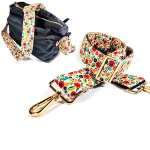 Cross Body Scandinavian Floral Guitar Style Bag Strap - Colorful Floral - Custom Hardware Color- Adjustable -Double Padded-Durable-