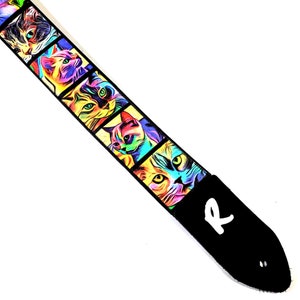 Psychedelic Cats Guitar Strap - Groovy Colorful Cat Guitar Strap- Kitty Guitar Strap - Universal Guitar Strap- Double Padded- Comfortable