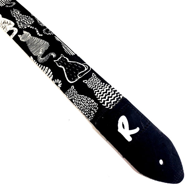 Black and White Cats Guitar Strap - Cat Pattern Guitar Strap - Kitty Guitar Strap - Universal Guitar Strap