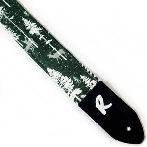White Trees on Green Guitar Strap-Deer Elk Moose Forest Guitar Strap-Pine Tree Guitar Strap-Double Padded - Fits Electric Base and Acoustic
