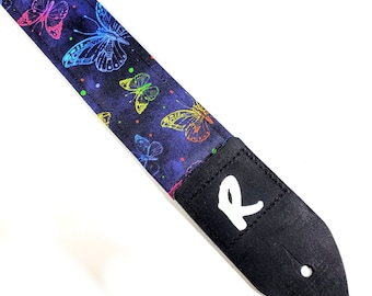 Butterflies on Blue Guitar Strap - Butterfly Guitar Strap - Double Padded-Comfortable-Acoustic Electric Bass Guitars