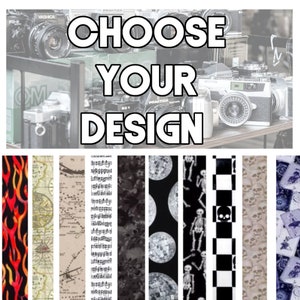 May include: Choose Your Design. A collage of ten different fabric patterns, including flames, a map, music notes, a moon, skeletons, a checkerboard, skulls, and a floral pattern.