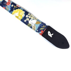 Blue Japanese Floral With Rabbits Guitar Strap - Hidden Bunnies Guitar Strap - Adjustable -Double Padded-Durable-Super Soft