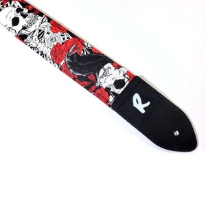 Raven, Skulls and Roses Guitar Strap - Black Red and Grey Guitar Strap- Double Padded Guitar Strap