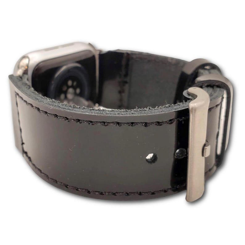 Correa para Apple Watch de piel de grano completo de charol negro: estilo clásico hecho a mano imagen 9