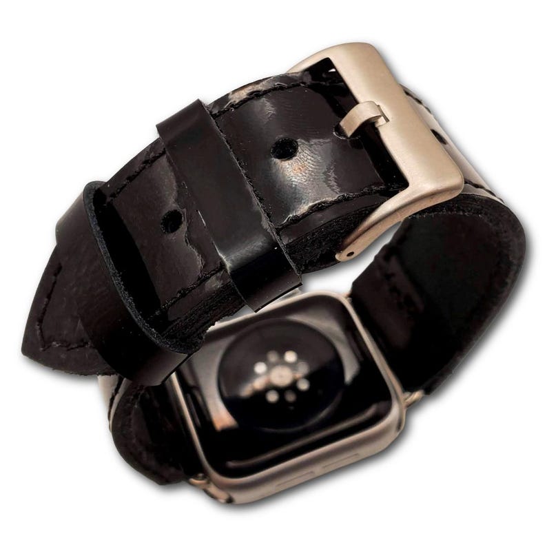 Correa para Apple Watch de piel de grano completo de charol negro: estilo clásico hecho a mano imagen 4