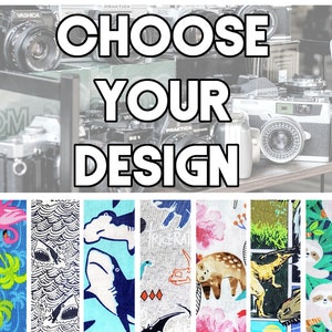 May include: A collage of fabric swatches with various patterns, including a pink flamingo on a blue background, a black and white wave pattern, a blue shark pattern, a gray dinosaur pattern, a pink floral pattern, a green jungle pattern, and a green and brown sloth pattern. The text "Choose Your Design" is displayed at the top of the image.