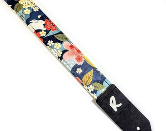 Japanese Floral Ukulele Strap  -Hidden Bunnies Handmade Ukulele Strap- Double Padded-Cool Ukulele Strap - Button Ukulele Strap 1.5 Inch 38cm
