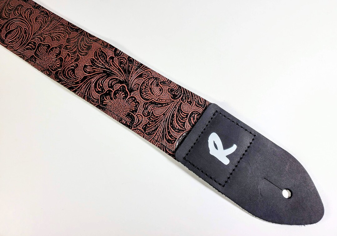 Vegan Leather Guitar Strap Tooled Faux Leather Guitar Strap Genuine Leather Ends Fits Acoustic
