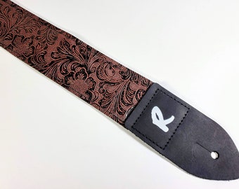 Vegan Leather Guitar Strap - Tooled Faux Leather Guitar Strap - Genuine Leather Ends - Fits Acoustic, Electric or Bass Guitars