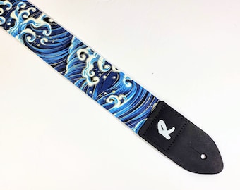 Blue and White Japanese Waves Guitar Strap - Blue Waves Guitar Strap - Wave Guitar Strap - Acoustic, Electric, or Bass