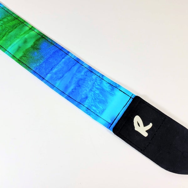 Indian Batik Blue and Green Guitar Strap - Deep Blue Batik Guitar Strap - Azul Batik-  Acoustic, Bass, or Electric - Kids and Adults