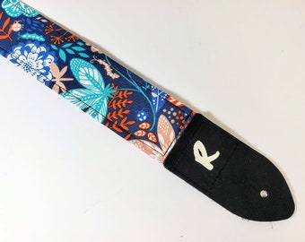 Dragon Fly Blue Teal Japanese Floral Guitar Strap - Dragon Fly and Caterpillar Blue Guitar Strap -Double Padded-Durable-Super Soft