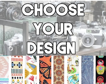 May include: Choose your design. A selection of colorful fabric patterns with various designs, including geometric patterns, floral patterns, a butterfly, a lighthouse, mushrooms, and Russian nesting dolls.