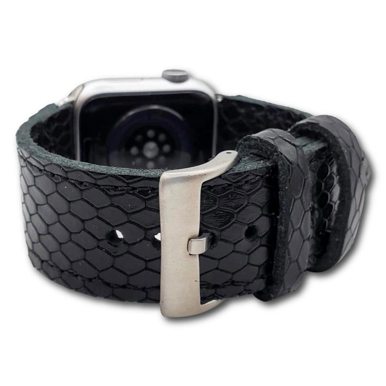 Black Snake Print Full Grain Leather Apple Watch Band – Handmade Luxury Accessory 画像 1