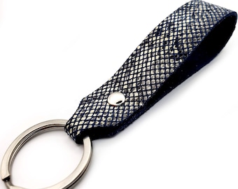 Blue Snake Print Leather Keychain, Blue White Leather Keychain, Keyfob, Slim Keychain, Your Choice of Hardware, Gold, Black, Silver