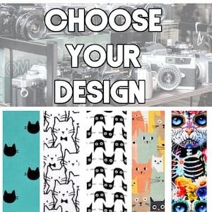 May include: Image featuring the text "CHOOSE YOUR DESIGN" above a selection of cat-themed patterns. The patterns include black cat silhouettes on teal, white cats with bow ties, and colorful cat designs.
