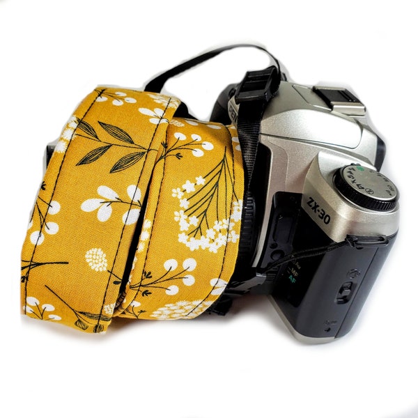 Yellow Dandy Lion  Floral Camera Strap - Mustard Floral Camera Strap - Double Padded Comfortable-DSLR / SLR
