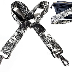 Cross Body Skull Rose Black and White Guitar Style Bag Strap - Skull and Rose - Custom Hardware Color- Adjustable -Double Padded-Durable-