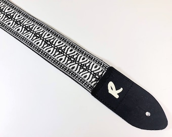 Black and White Woven Guitar Strap - Jacquard Ribbon - Vintage -