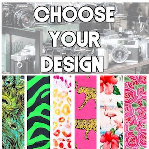 May include: Choose your design. Six different fabric patterns are shown: a green and yellow peacock design, a green and black zebra stripe, a white and orange leopard print, a pink and yellow leopard print, a pink floral pattern with a flamingo, and a pink floral pattern with roses.