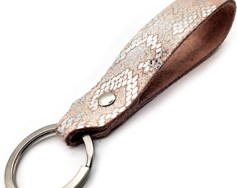 Pink Silver Snake Print Leather Keychain, Silver Pink Leather Keychain, Keyfob, Slim Keychain, Your Choice of Hardware, Gold, Black, Silver