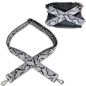 Black White Snake Print Leather Purse Strap | Snake Premium Leather Bag Strap |  1.5&quot; or 2&quot; Crossbody Strap | Guitar Style Bag Strap