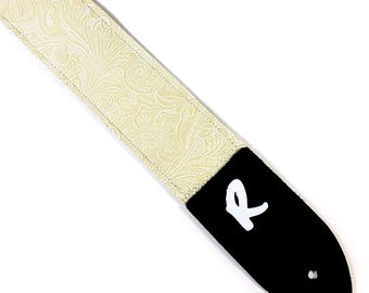 White Vegan Leather Guitar Strap-Gold Tooled Faux Leather Guitar Strap-Genuine Leather Ends -Fits Acoustic, Electric or Bass Guitars