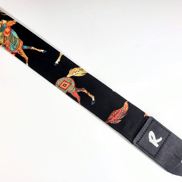 Southwest Horse Guitar Strap - Dark Brown Horses on Tan - Southwest Horses - Country-Handmade-Padded Guitar Strap