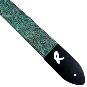 Green Metallic Vegan Leather Guitar Strap-Green Tooled Faux Leather Guitar Strap-Genuine Leather Ends - Acoustic, Electric or Bass Guitars