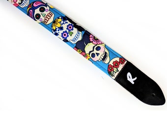 Blue Frida Kahlo Sugar Skulls Guitar Strap - Day of the Dead - Dia De Los Muertos - Modernism -Surrealism