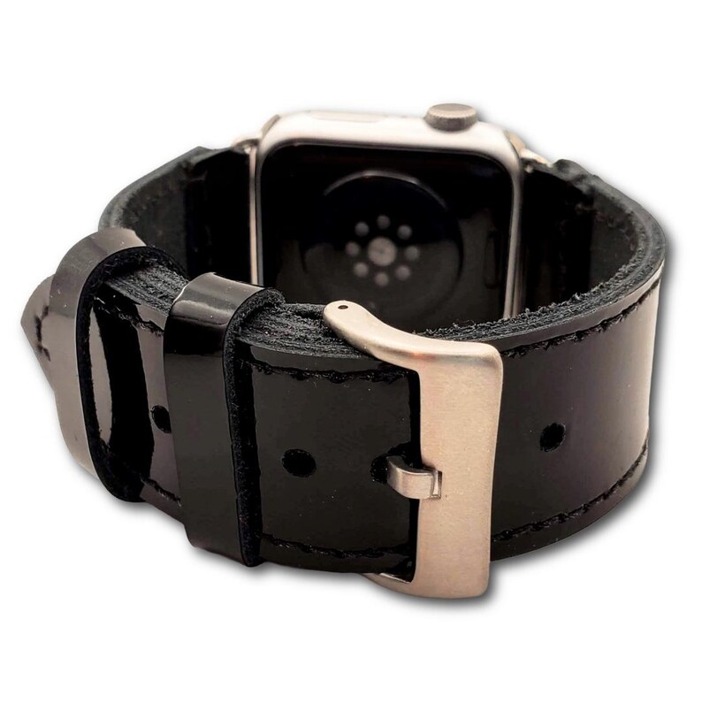 Correa para Apple Watch de piel de grano completo de charol negro: estilo clásico hecho a mano imagen 5