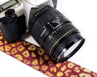 Red Gold Leopard Premium Leather Camera Strap - Maroon Leopard Print Leather Camera Strap- Soft Leather Camera Strap -Comfortable
