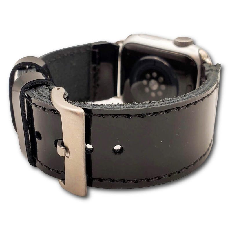 Correa para Apple Watch de piel de grano completo de charol negro: estilo clásico hecho a mano imagen 7