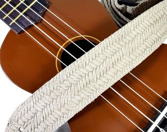 Sangle pour ukulélé en cuir de qualité supérieure tressée beige - Sangle pour ukulélé en cuir tressé - Fait main - Sangle pour ukulélé en cuir souple - Sangle pour ukulélé bouton