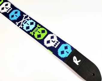 Pixel Skulls Guitar Strap - Skull Guitar Strap -Double Padded - Hand Crafted - Bass Electric Acoustic