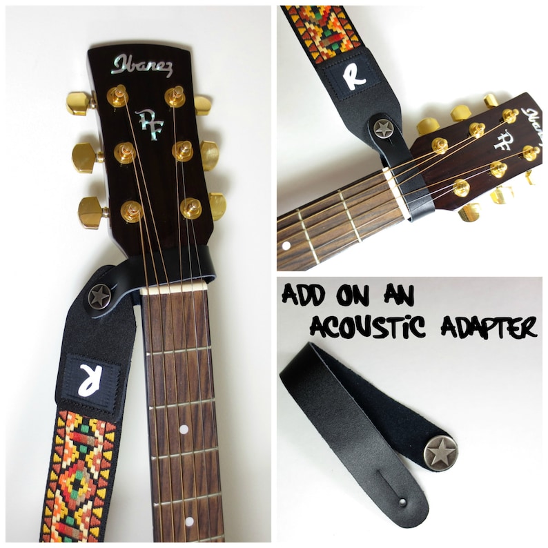 May include: Black guitar strap with a colorful woven design and the letter "R". The strap is attached to a dark brown acoustic guitar. An additional black leather adapter is shown. The text "ADD ON AN ACOUSTIC ADAPTER" is also visible.