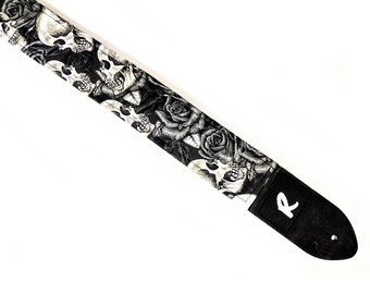 Skulls and Roses Guitar Strap - Black and Grey Guitar Strap