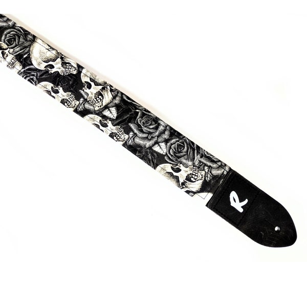 Skulls and Roses Guitar Strap - Black and Grey Guitar Strap