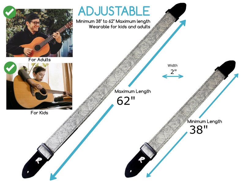 Pode incluir: Correia de guitarra ajust&aacute;vel com um design estampado branco e cinza. A correia tem 5 cm de largura e pode ser ajustada de 97 a 157 cm de comprimento. A correia &eacute; mostrada sendo usada por um adulto e uma crian&ccedil;a.