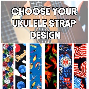 Könnte beinhalten: Wählen Sie Ihr Ukulelen-Gurt-Design. Eine Collage aus zehn verschiedenen Ukulelen-Gurt-Designs, darunter Würfel, Bowling, Angelköder, Chilischoten, Notfallmedizinische Reaktion und die amerikanische Flagge.