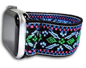 Boho Blue Woven Elastic Watch Band for Apple Watch - 38mm 40mm 41mm 42mm 44mm 45mm 46mm 49mm, All Series(Models Ultra 2 SE Series 1-11)